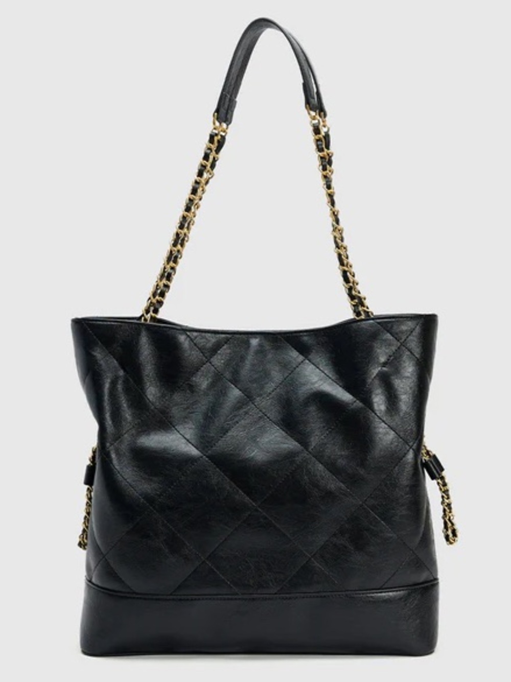 Black Vegan Leather Tote Bag with Gold Chain Strap